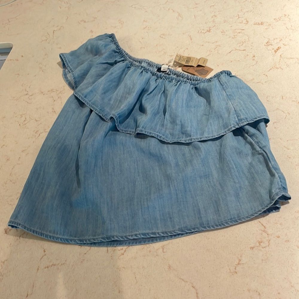 AEO NWT one shoulder denim ruffle chambray top SZ medium